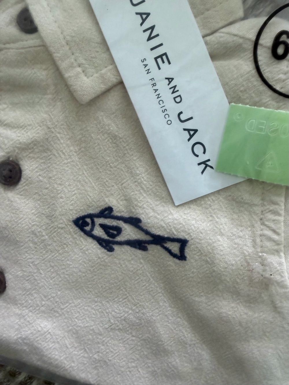Janie and Jack Cream boys shirt with Navy Fish Embroidery 6 to 12 months NWT